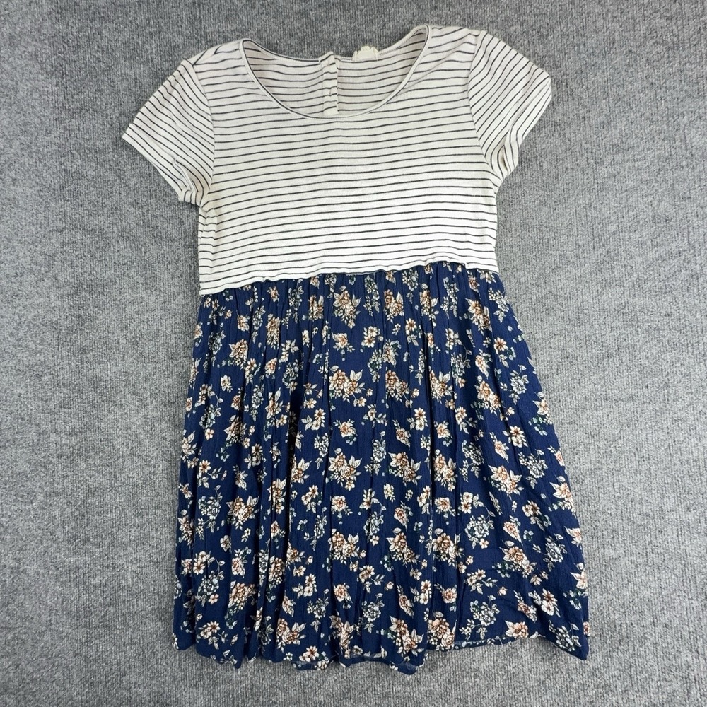 Hem & Thread Dress Womens Large Blue Floral Stripe Short Sleeve Fit Flare Boho